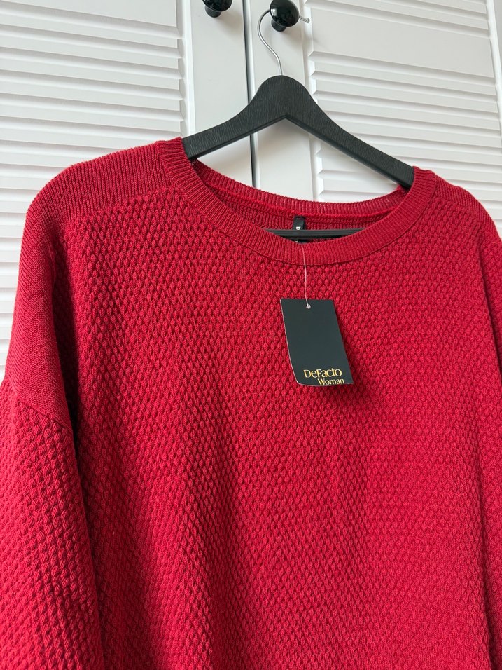 Kırmızı Örgü Kadın Triko Kazak - Görsel 2