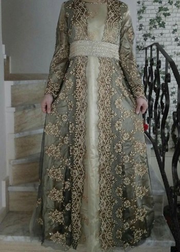 Bej İşlemeli Uzun Kollu Henna Elbise