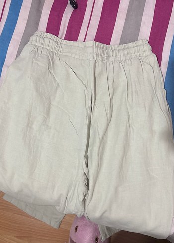 İpli Bej Keten Kadın Pantolon - Görsel 4