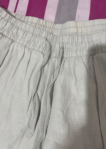 İpli Bej Keten Kadın Pantolon - Görsel 3