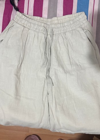 İpli Bej Keten Kadın Pantolon - Görsel 2