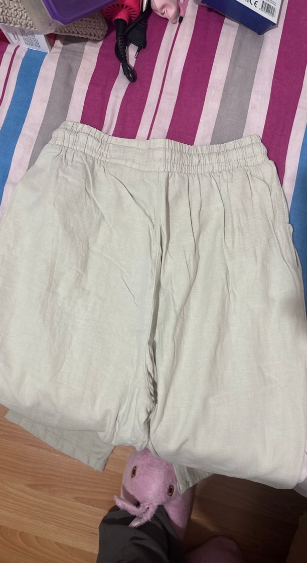 İpli Bej Keten Kadın Pantolon - Görsel 4