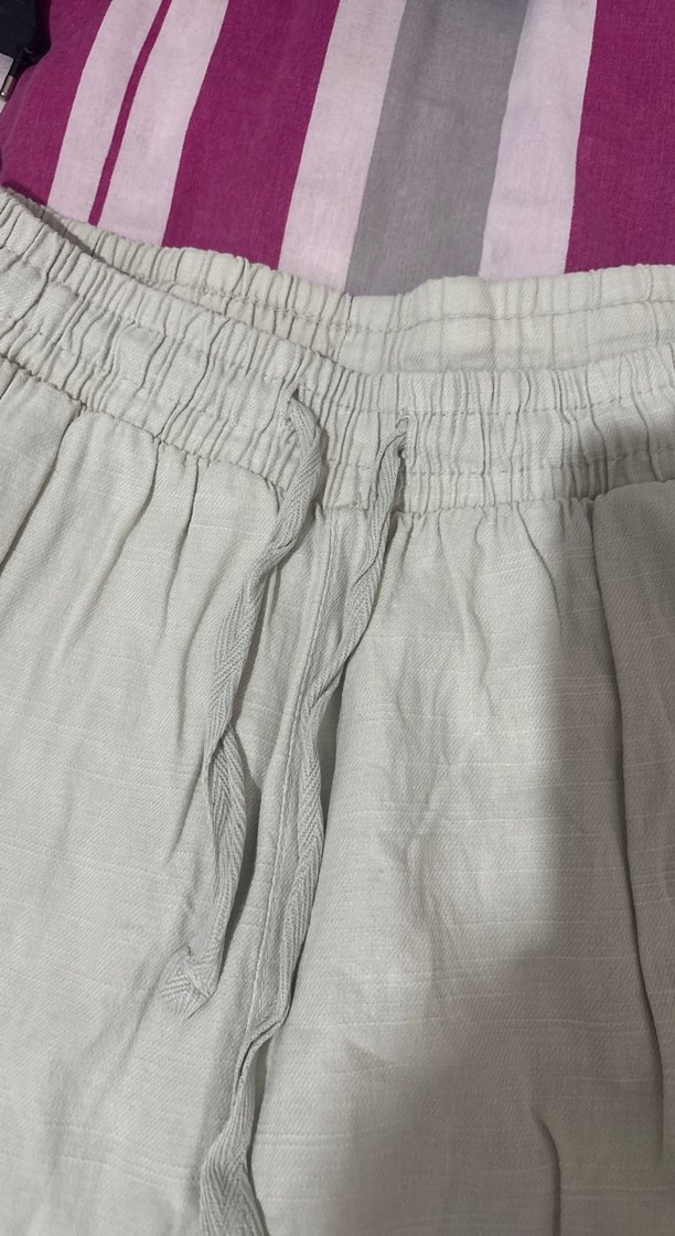 İpli Bej Keten Kadın Pantolon - Görsel 3