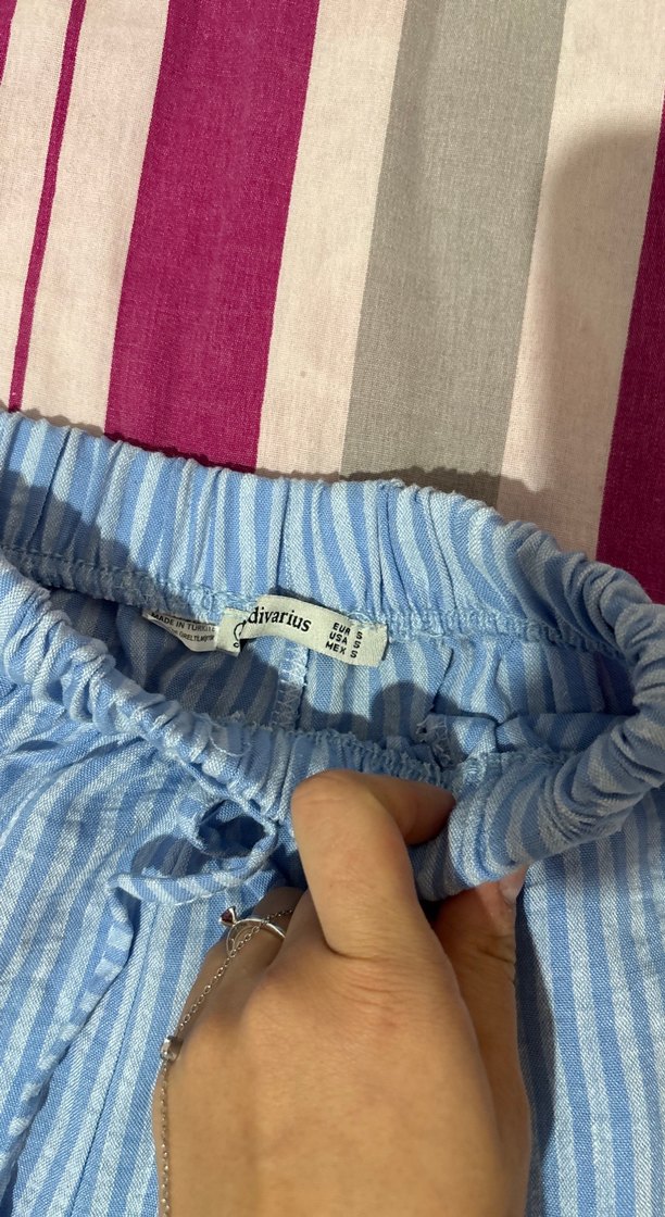 Mavi Çizgili Pamuklu Bol Kesim Midi Pantolon - Görsel 3