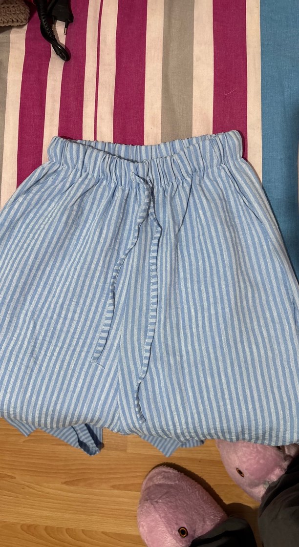 Mavi Çizgili Pamuklu Bol Kesim Midi Pantolon - Görsel 2