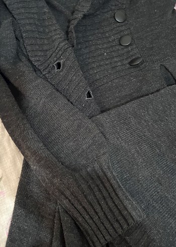 Gri Düğmeli Uzun Triko Kadın Kaban tarzı hırka - Görsel 2