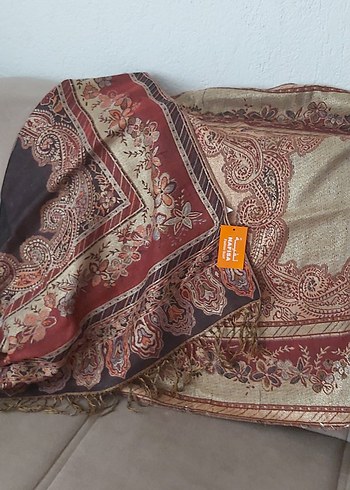 Hafif simli Kahverengi Bohem Kadın Şalı - Görsel 3