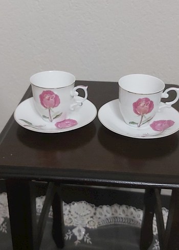 İncecik porselen Pembe Çiçek Desenli 2'li Kahve Fincanı Seti - Görsel 3