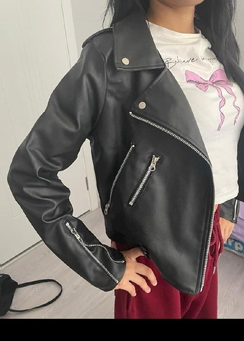 Siyah Fermuarlı Biker Deri Ceket