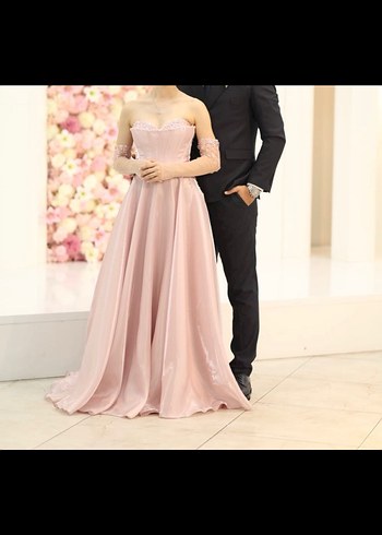 36 Beden Pudra Pembe Drapeli Straplez Nişan Elbisesi
