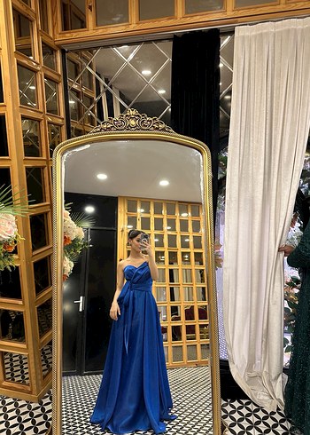 Parlak Mavi Uzun Straplez Kadın Abiye Elbise - Görsel 2