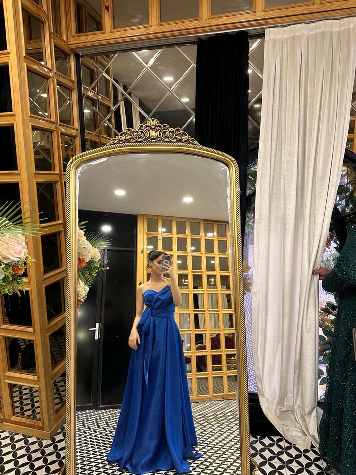 Parlak Mavi Uzun Straplez Kadın Abiye Elbise - Görsel 2