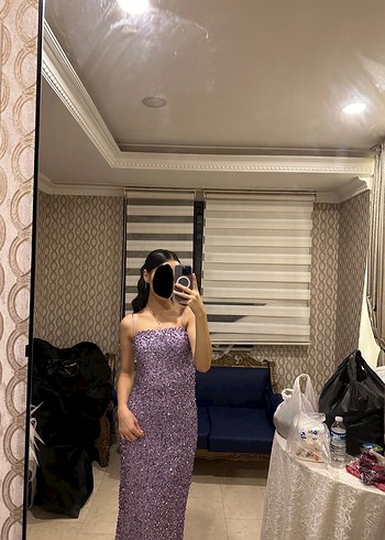 Mor Payetli Straplez Elbise - Görsel 2