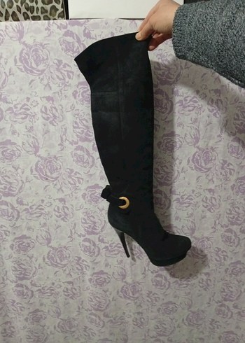 Siyah Süet Dizüstü Topuklu Kadın Çizme - Görsel 2