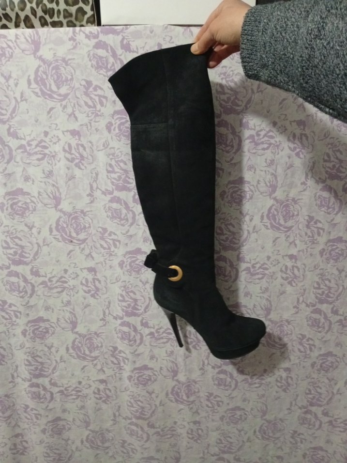 Siyah Süet Dizüstü Topuklu Kadın Çizme - Görsel 2