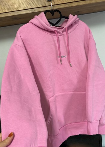 s Beden pembe Renk Pembe Kapüşonlu Şardonlu Oversize Sweatshirt