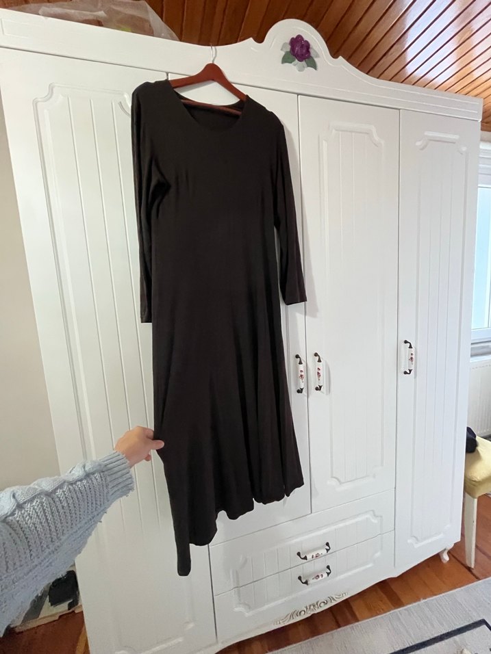 Kadın Siyah Uzun Kollu Pamuklu Salaş Elbise - Görsel 4