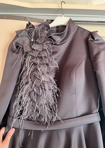 Uzun Kollu Gri Drapeli Kadın Abiye Elbise - Görsel 15