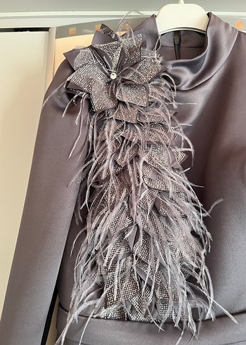 Uzun Kollu Gri Drapeli Kadın Abiye Elbise - Görsel 6