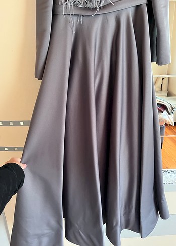 Uzun Kollu Gri Drapeli Kadın Abiye Elbise - Görsel 16