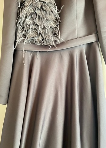 Uzun Kollu Gri Drapeli Kadın Abiye Elbise - Görsel 4