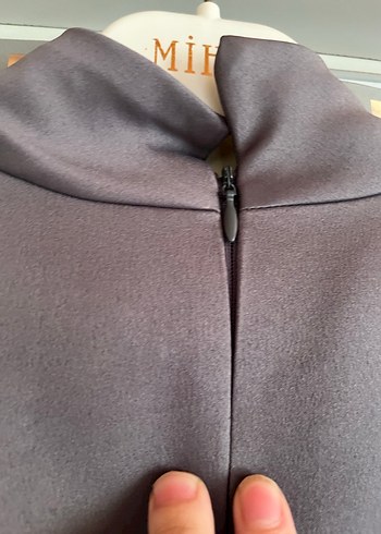 Uzun Kollu Gri Drapeli Kadın Abiye Elbise - Görsel 7