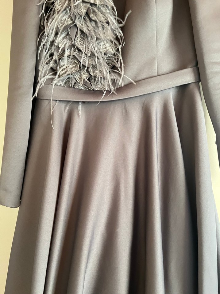 Uzun Kollu Gri Drapeli Kadın Abiye Elbise - Görsel 4