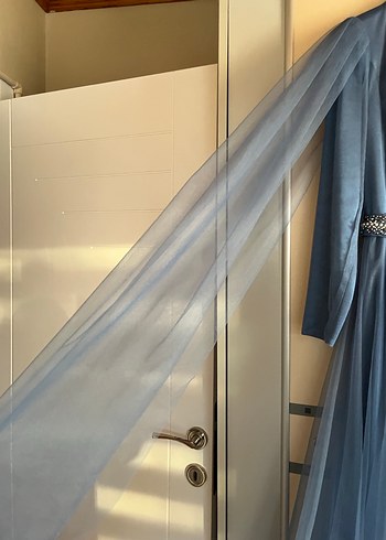 Kız kadın Uzun Kollu Mavi Drapeli Abiye Elbise - Görsel 7