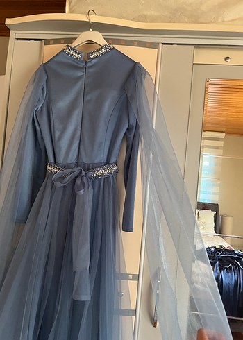 Kız kadın Uzun Kollu Mavi Drapeli Abiye Elbise - Görsel 13