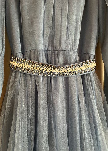 Kız kadın Uzun Kollu Mavi Drapeli Abiye Elbise - Görsel 3