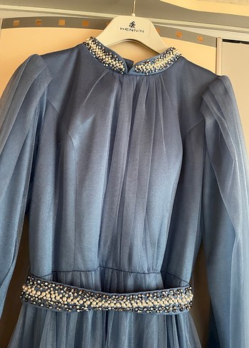 Kız kadın Uzun Kollu Mavi Drapeli Abiye Elbise - Görsel 11