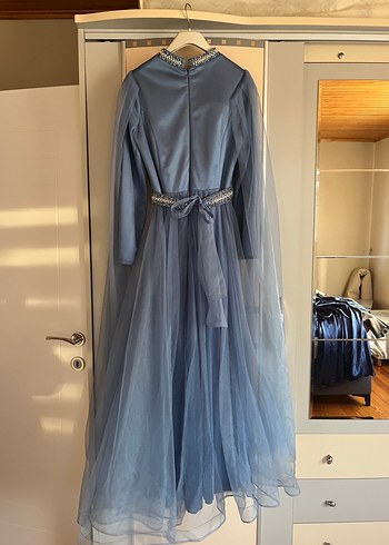 Kız kadın Uzun Kollu Mavi Drapeli Abiye Elbise - Görsel 10