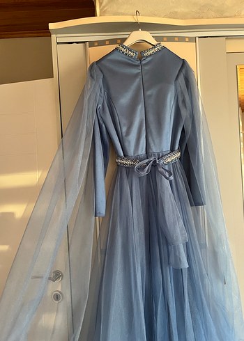 Kız kadın Uzun Kollu Mavi Drapeli Abiye Elbise - Görsel 12