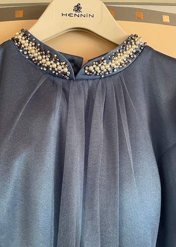 Kız kadın Uzun Kollu Mavi Drapeli Abiye Elbise - Görsel 9