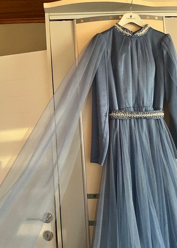 Kız kadın Uzun Kollu Mavi Drapeli Abiye Elbise - Görsel 8