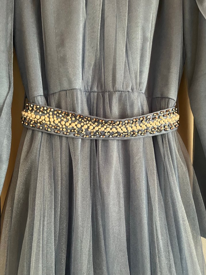 Kız kadın Uzun Kollu Mavi Drapeli Abiye Elbise - Görsel 3