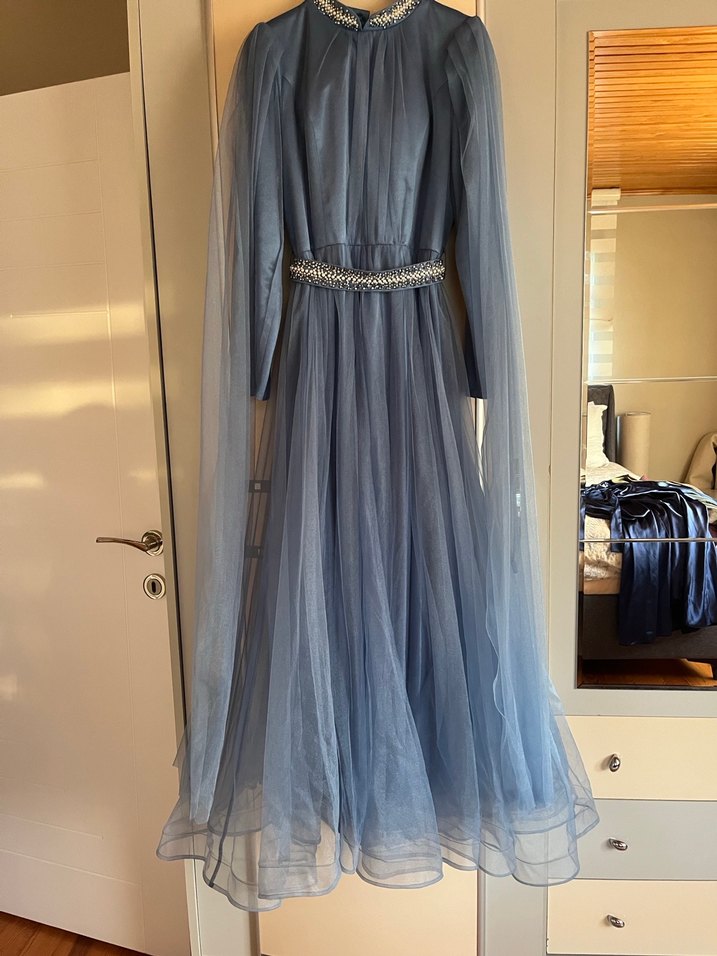 Kız kadın Uzun Kollu Mavi Drapeli Abiye Elbise - Görsel 2