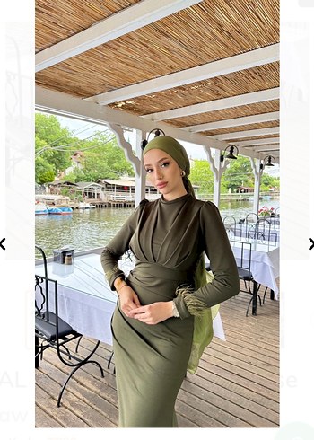 Haki Uzun Kollu Yüksek Yakalı Drapeli Elbise - Görsel 2