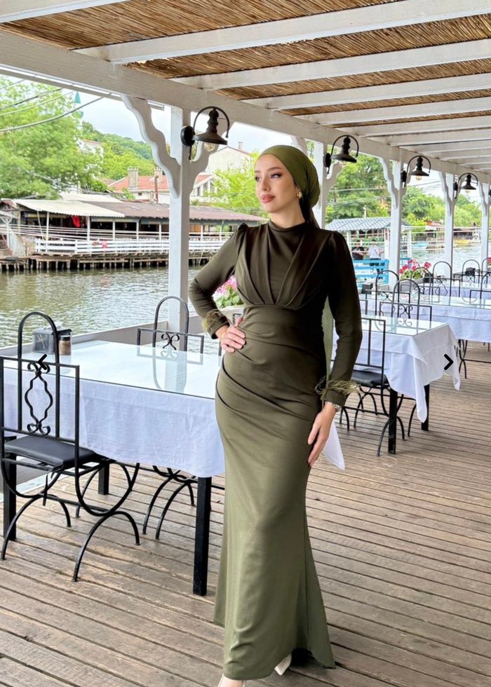 Haki Uzun Kollu Yüksek Yakalı Drapeli Elbise - Görsel 3