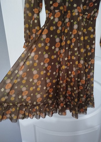 Bohem Kahverengi Çiçekli Tül Elbise - Görsel 3