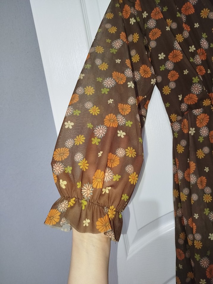 Bohem Kahverengi Çiçekli Tül Elbise - Görsel 2