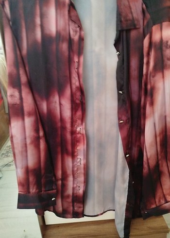 38 Beden Bordo Pileli Batik Desenli Uzun Kadın Gömlek