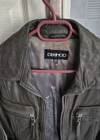 Derimod Gri Eskitilmiş Kadın Deri Biker Ceket, Kuşaklı, Rahat Kesim