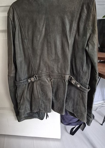 s Beden Gri Eskitilmiş Kadın Deri Biker Ceket, Kuşaklı, Rahat Kesim