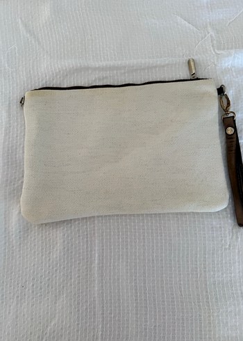 Kadın Keten Fermuarlı Beyaz Clutch Çanta 30 cm