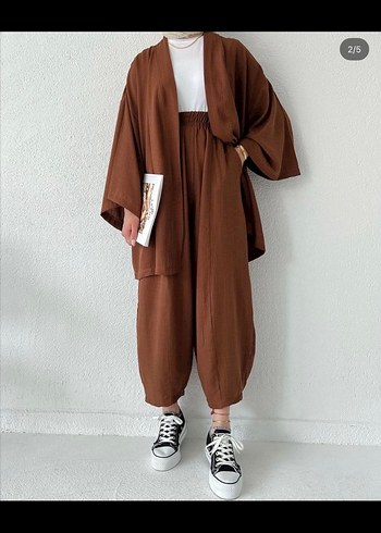 Kadın Kahverengi Uzun Keten Kimono