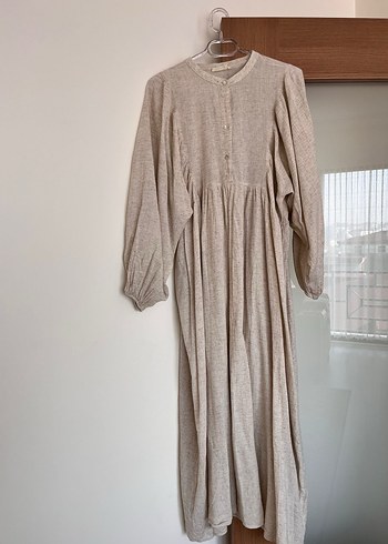 Manuka Bej Düğmeli Uzun Keten elbise - Görsel 2