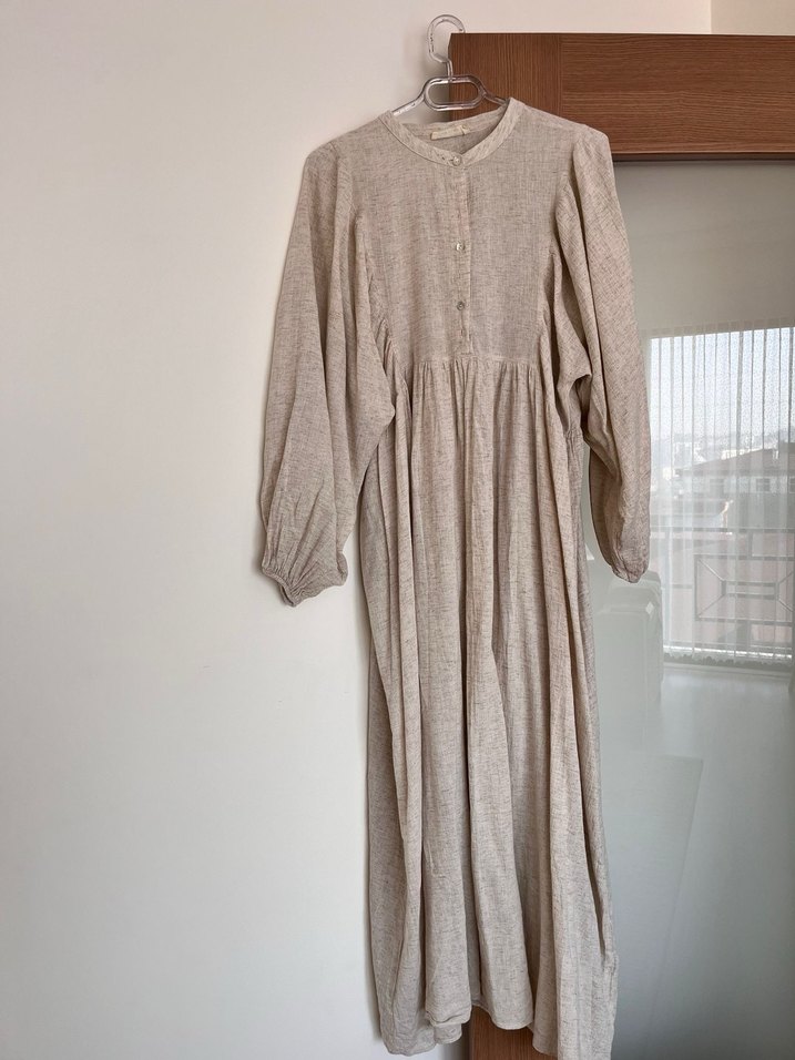 Manuka Bej Düğmeli Uzun Keten elbise - Görsel 2