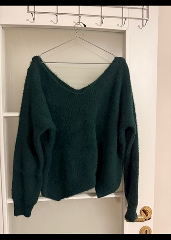 Yeşil V Yaka Örgü Yün Kadın Kazak - Görsel 2