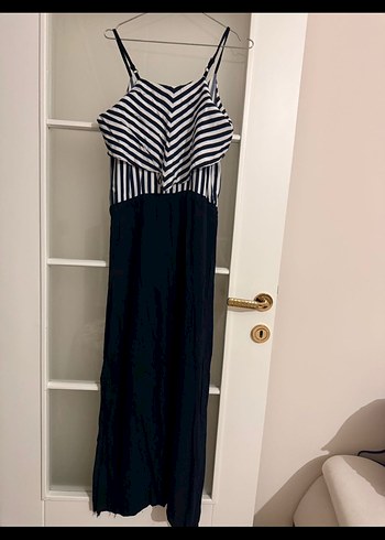 Çizgili ve Pilili Uzun Mavi Elbise - Görsel 2